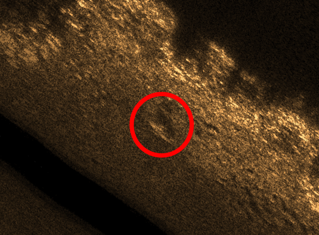 unprocessed sidescan sonar image with dummy (red circled)